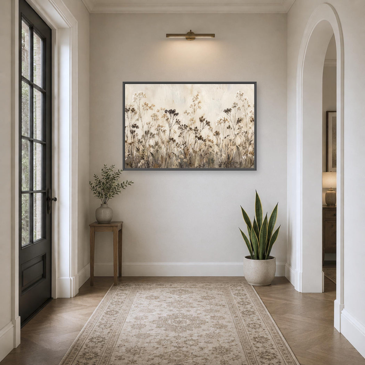 a serene and elegant hallway with a large painting of flowers hanging on the wall, a small table with a plant, and a rug on the floor.