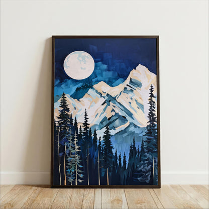 The image is a framed painting depicting a serene mountain landscape with a full moon in the night sky.