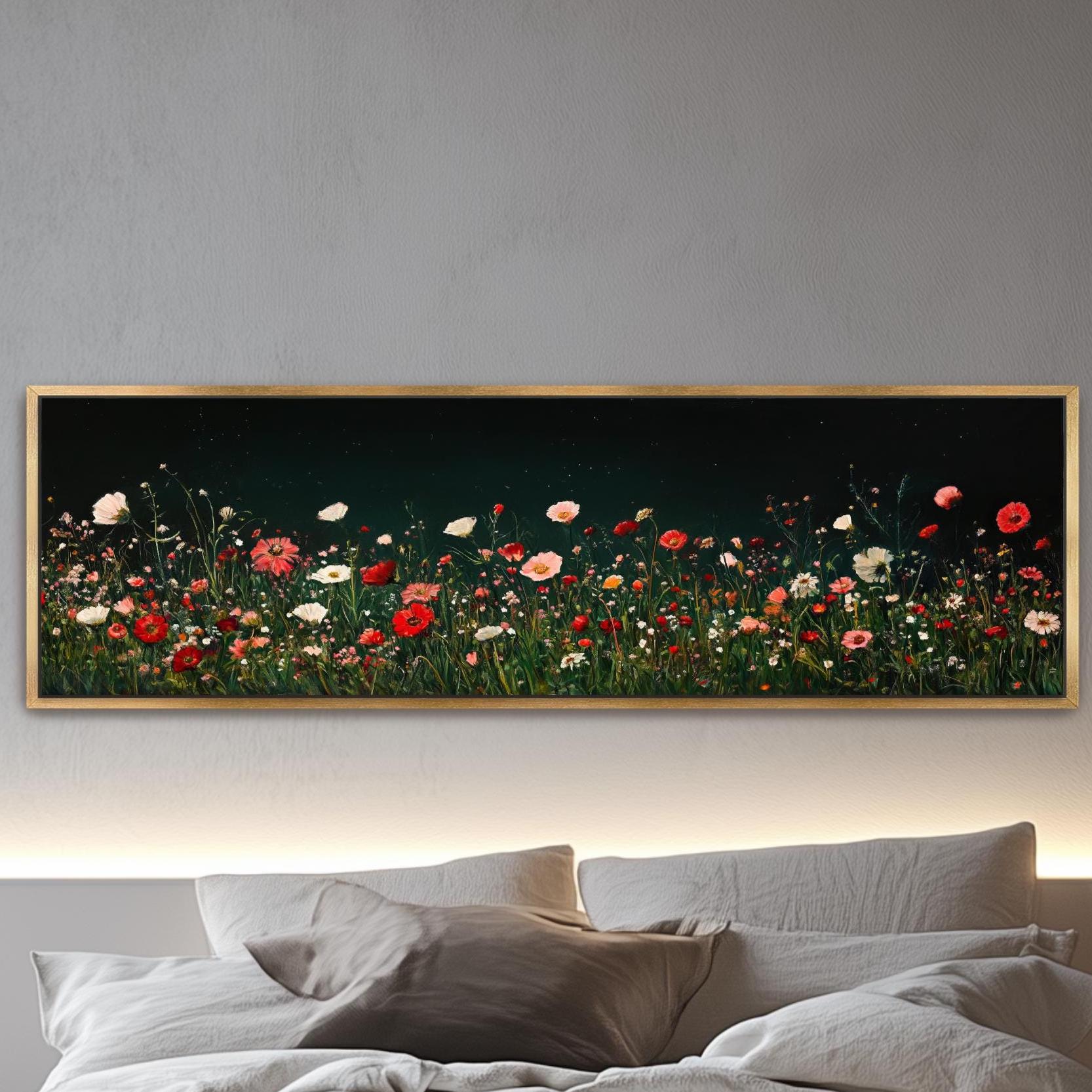 Moody Wild Flowers at Night, Framed Canvas Print, Dark Floral Wall Art, Above Bed Decor, Unique Dark Academia Red Pink Landscape