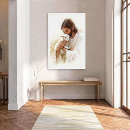 a serene indoor setting with a person in a white robe tenderly holding a lamb, creating a peaceful and calming atmosphere.