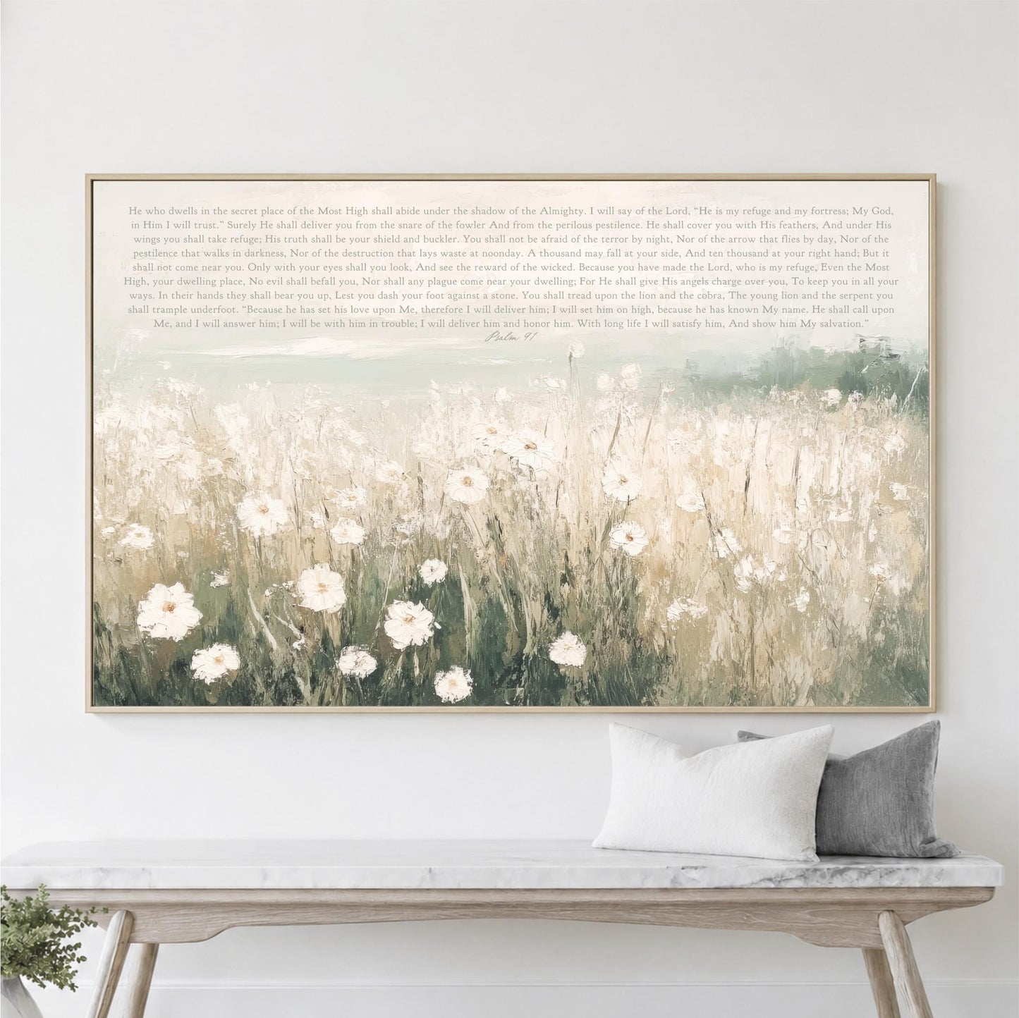 Psalm 91 Wall Art Neutral Coastal Meadow, Field of Wildflowers, Christian Religious Farmhouse Bible Verse Artwork, Large Framed Canvas