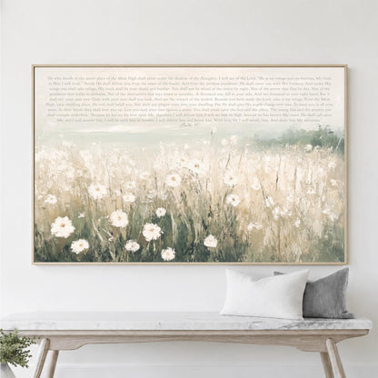 Psalm 91 Wall Art Neutral Coastal Meadow, Field of Wildflowers, Christian Religious Farmhouse Bible Verse Artwork, Large Framed Canvas