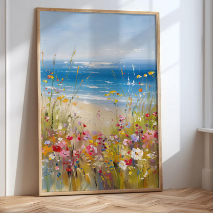 a large, vibrant painting of a field of colorful flowers in the foreground, with a serene ocean scene in the background.