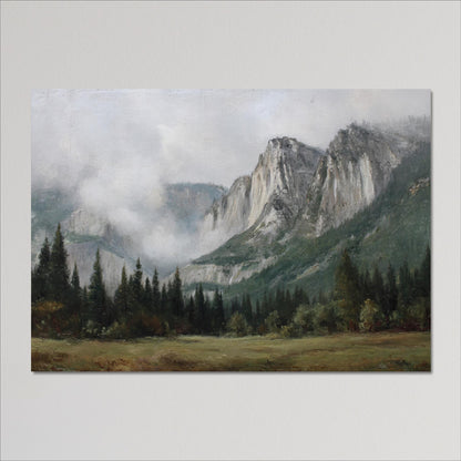 a serene landscape with towering mountains, lush forests, and a misty, hazy atmosphere.