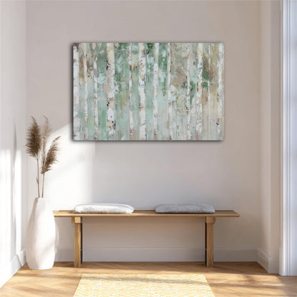 a minimalist interior design with a large abstract painting of birch trees hanging on the wall above a wooden bench with two cushions. The room has a clean, white color scheme and a wooden floor, creating a serene and calming atmosphere.