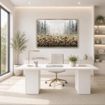 a modern, minimalist office space with a large window, a white desk, a white chair, and a framed artwork of a forest scene on the wall.