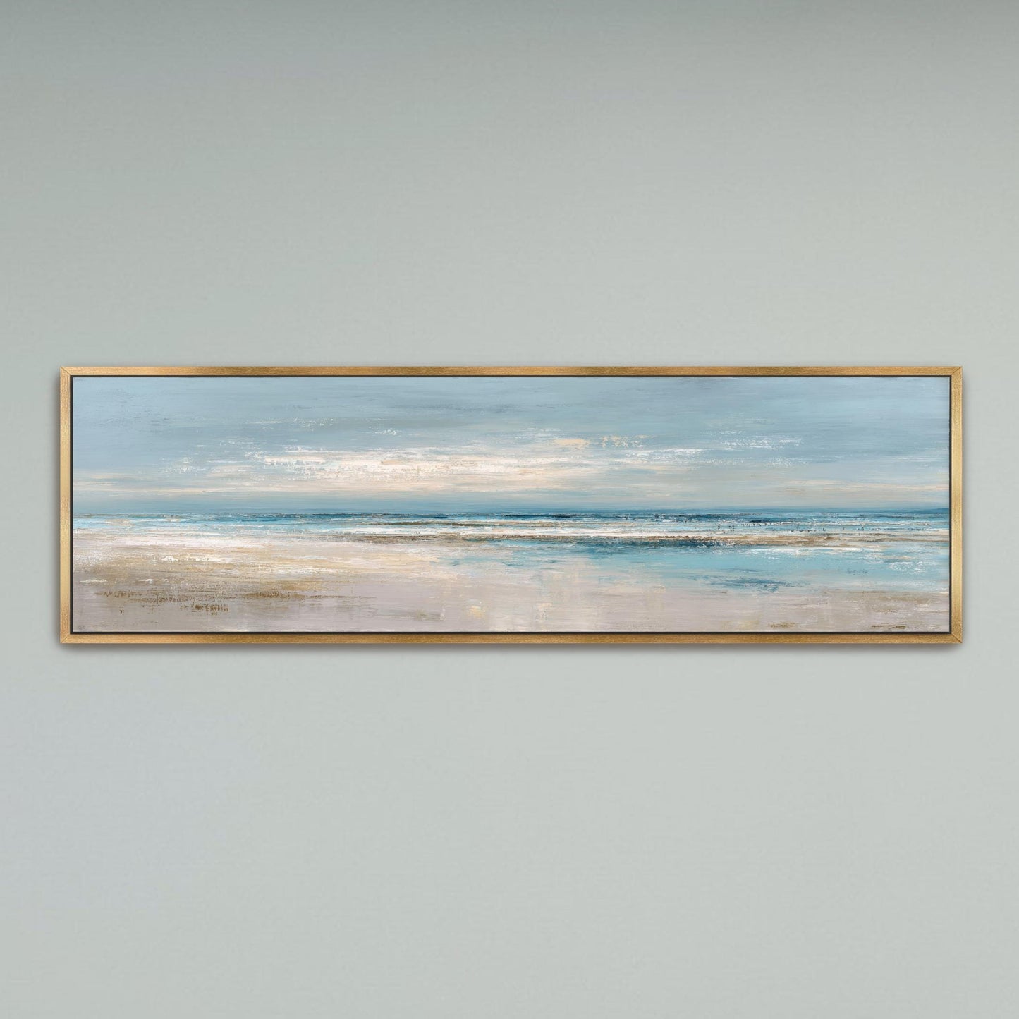The image is a rectangular painting or artwork depicting a serene beach scene with a calm ocean and a cloudy sky.