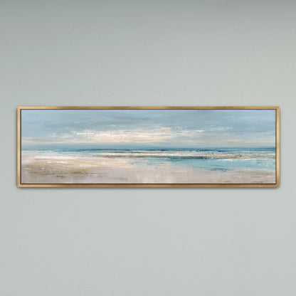 The image is a rectangular painting or artwork depicting a serene beach scene with a calm ocean and a cloudy sky.