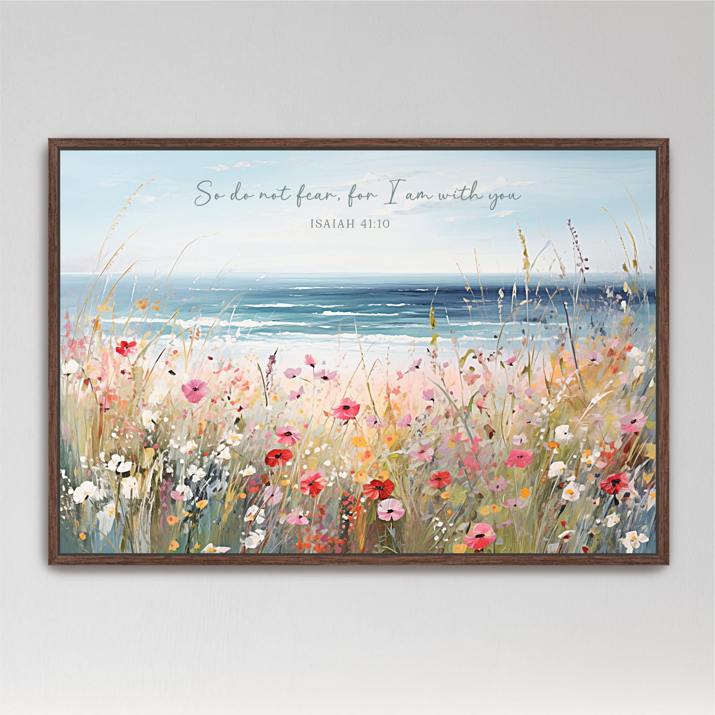 The image is a framed painting depicting a vibrant field of colorful flowers, with a serene body of water in the background.