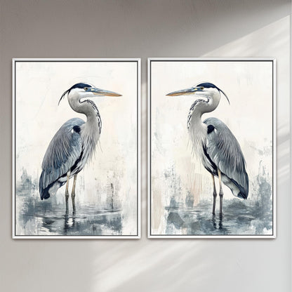 two paintings of a bird are hanging on a wall