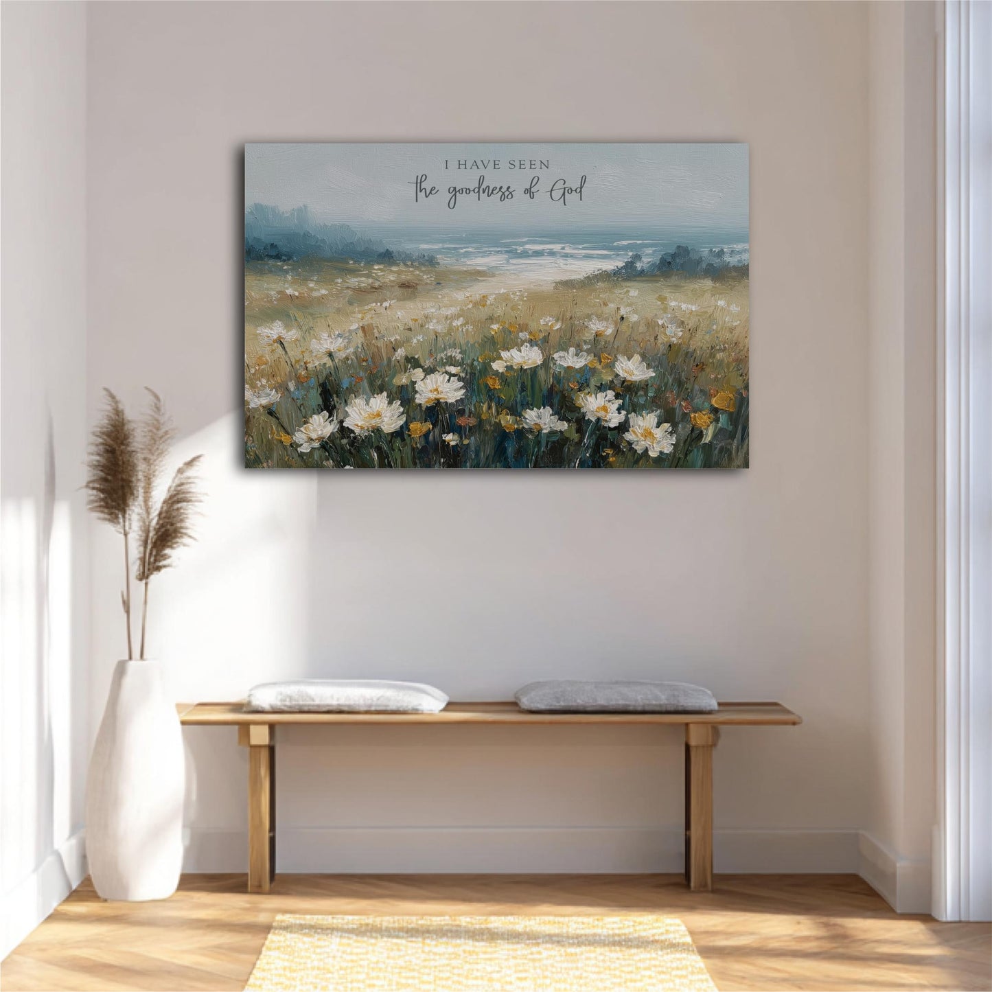 a serene indoor setting with a wooden bench, a vase of flowers, and a painting of a field of flowers hanging on the wall.