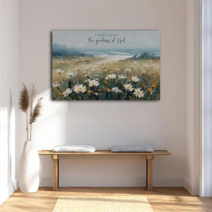 a serene indoor setting with a wooden bench, a vase of flowers, and a painting of a field of flowers hanging on the wall.