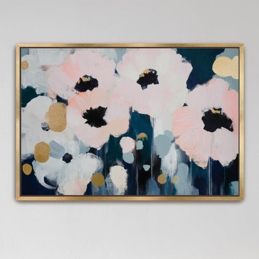 Abstract Flowers Art, Blush Pink Navy Blue Gold, Canvas Print, Framed Floral Artwork, Modern Minimalist Pop of Color, Office, Bedroom, Bath