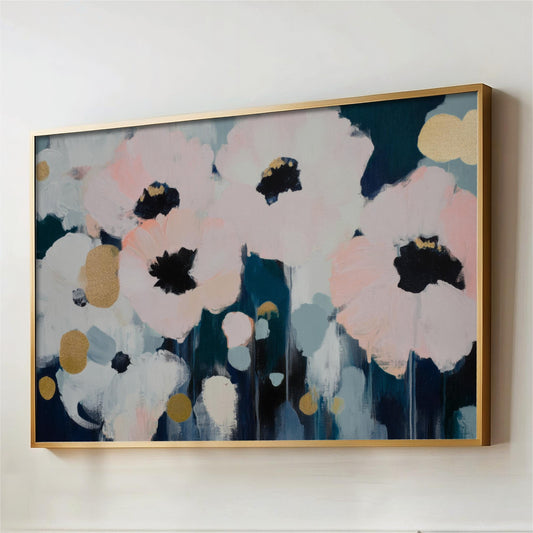 Abstract Flowers Art, Blush Pink Navy Blue Gold, Canvas Print, Framed Floral Artwork, Modern Minimalist Pop of Color, Office, Bedroom, Bath