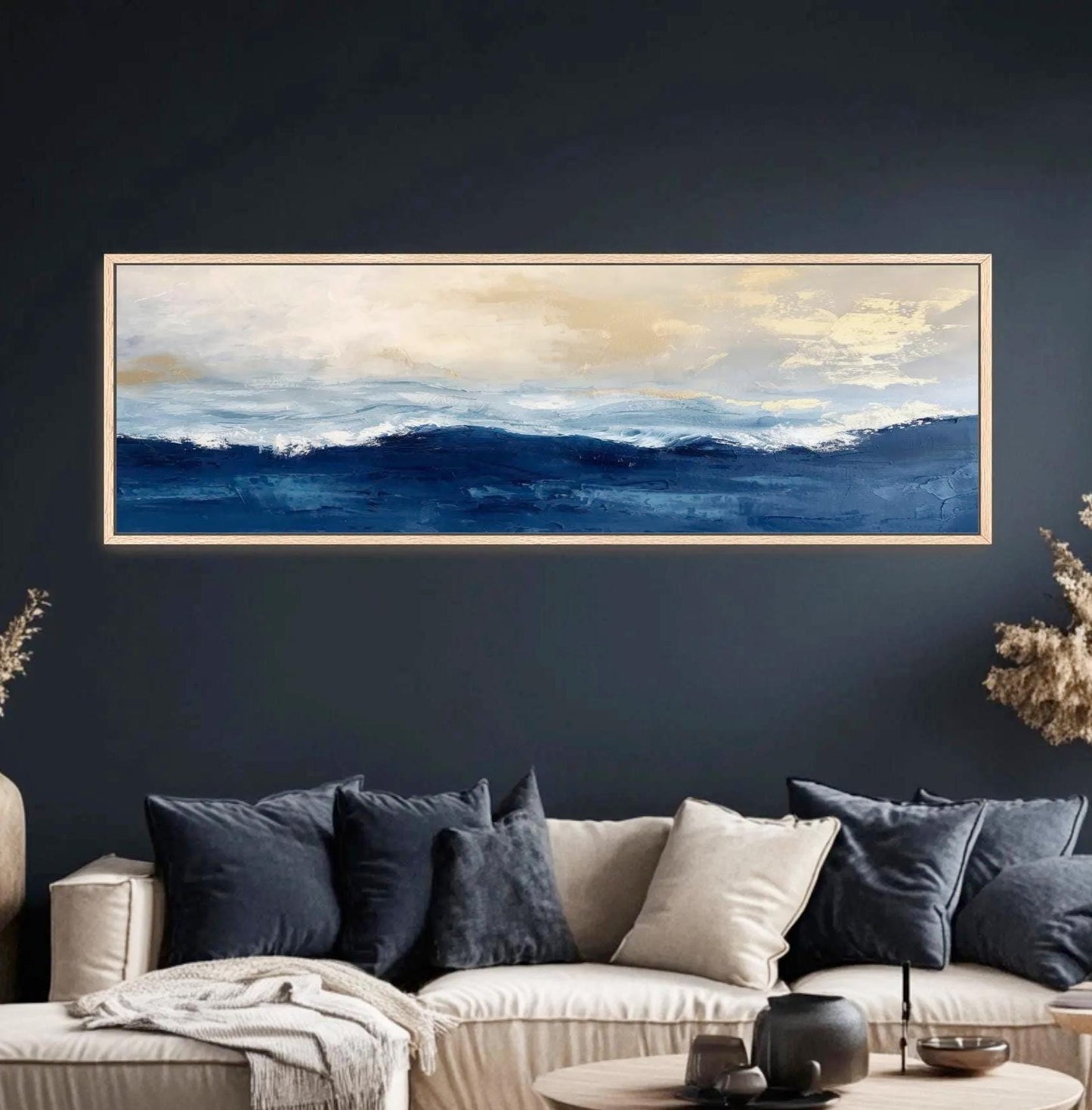Abstract Gold Navy Blue Ocean Art,  Framed Canvas Artwork, Panoramic, Contrast Peaceful Calming Landscape Seascape Coastal Painting