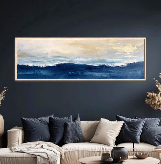 Abstract Gold Navy Blue Ocean Art,  Framed Canvas Artwork, Panoramic, Contrast Peaceful Calming Landscape Seascape Coastal Painting