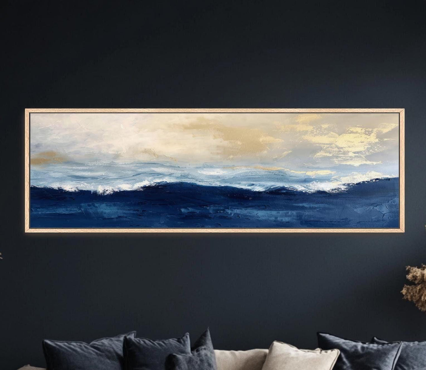 Abstract Gold Navy Blue Ocean Art,  Framed Canvas Artwork, Panoramic, Contrast Peaceful Calming Landscape Seascape Coastal Painting