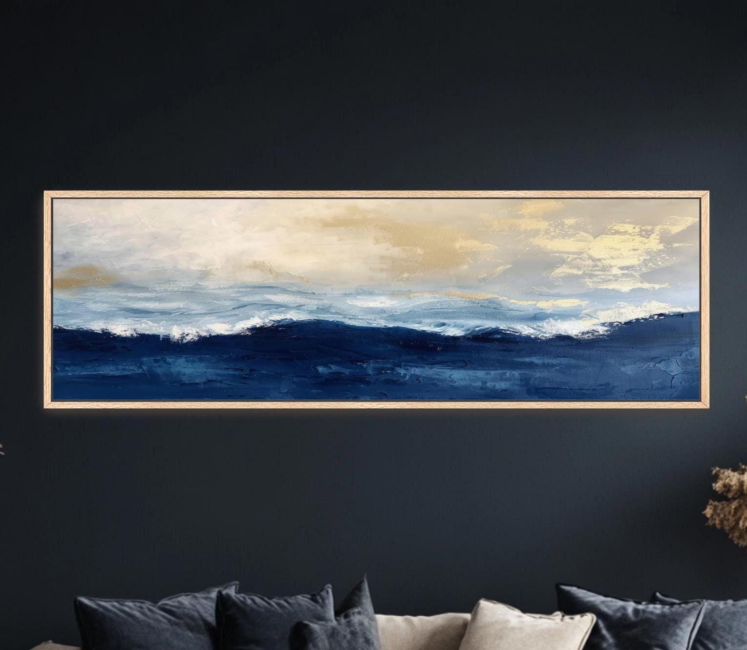 Abstract Gold Navy Blue Ocean Art,  Framed Canvas Artwork, Panoramic, Contrast Peaceful Calming Landscape Seascape Coastal Painting