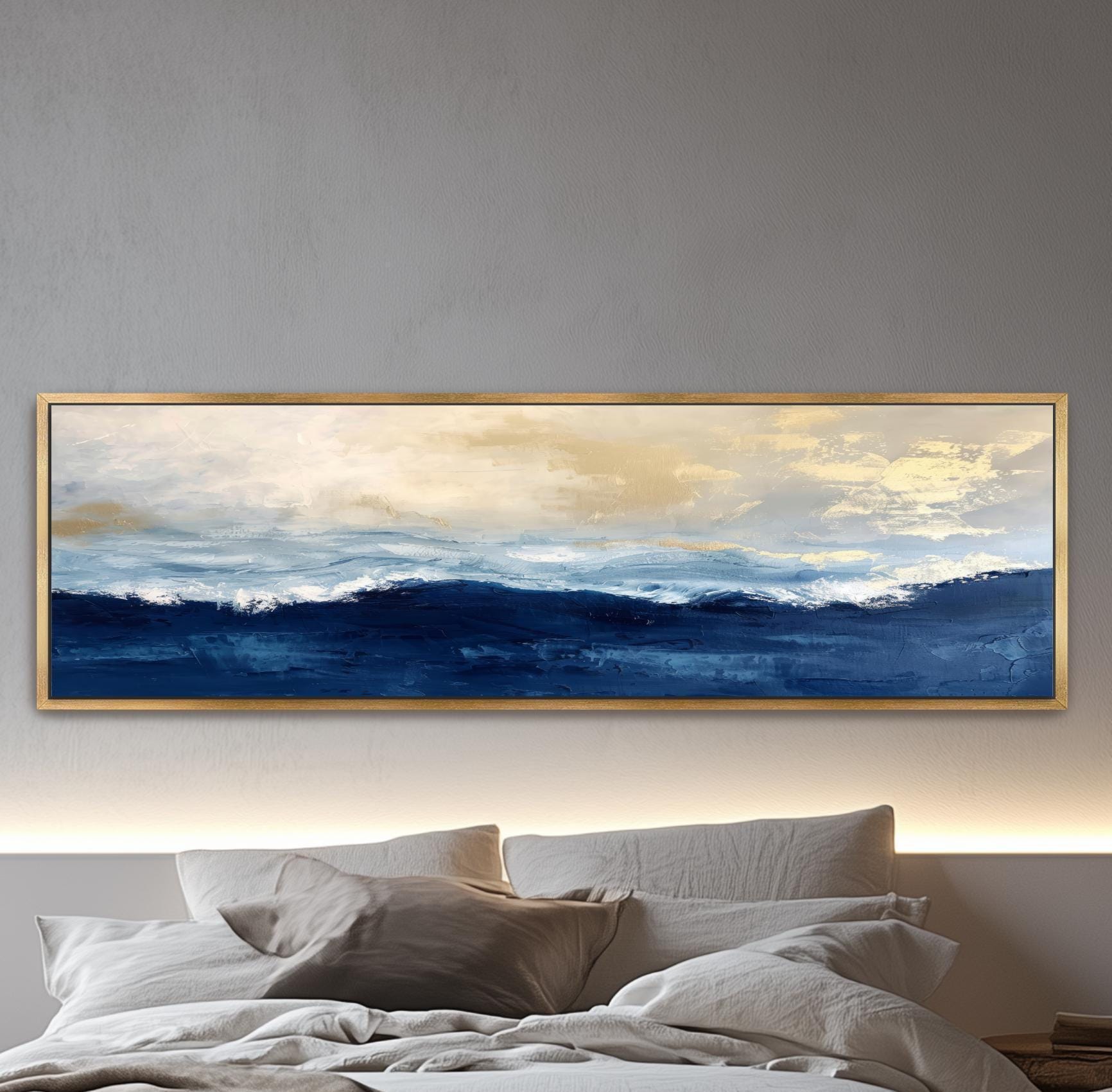 Abstract Gold Navy Blue Ocean Art,  Framed Canvas Artwork, Panoramic, Contrast Peaceful Calming Landscape Seascape Coastal Painting