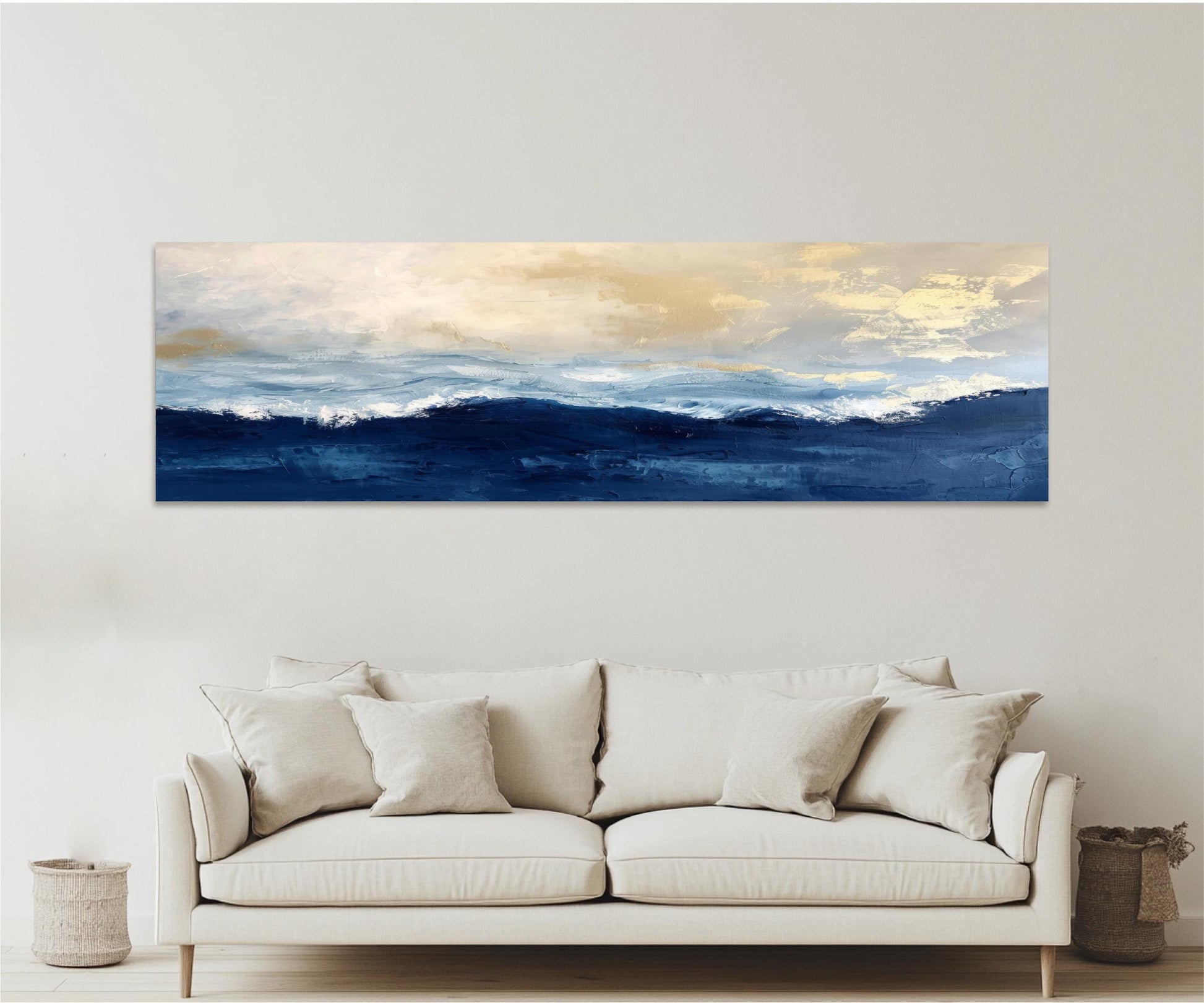 Abstract Gold Navy Blue Ocean Art,  Framed Canvas Artwork, Panoramic, Contrast Peaceful Calming Landscape Seascape Coastal Painting