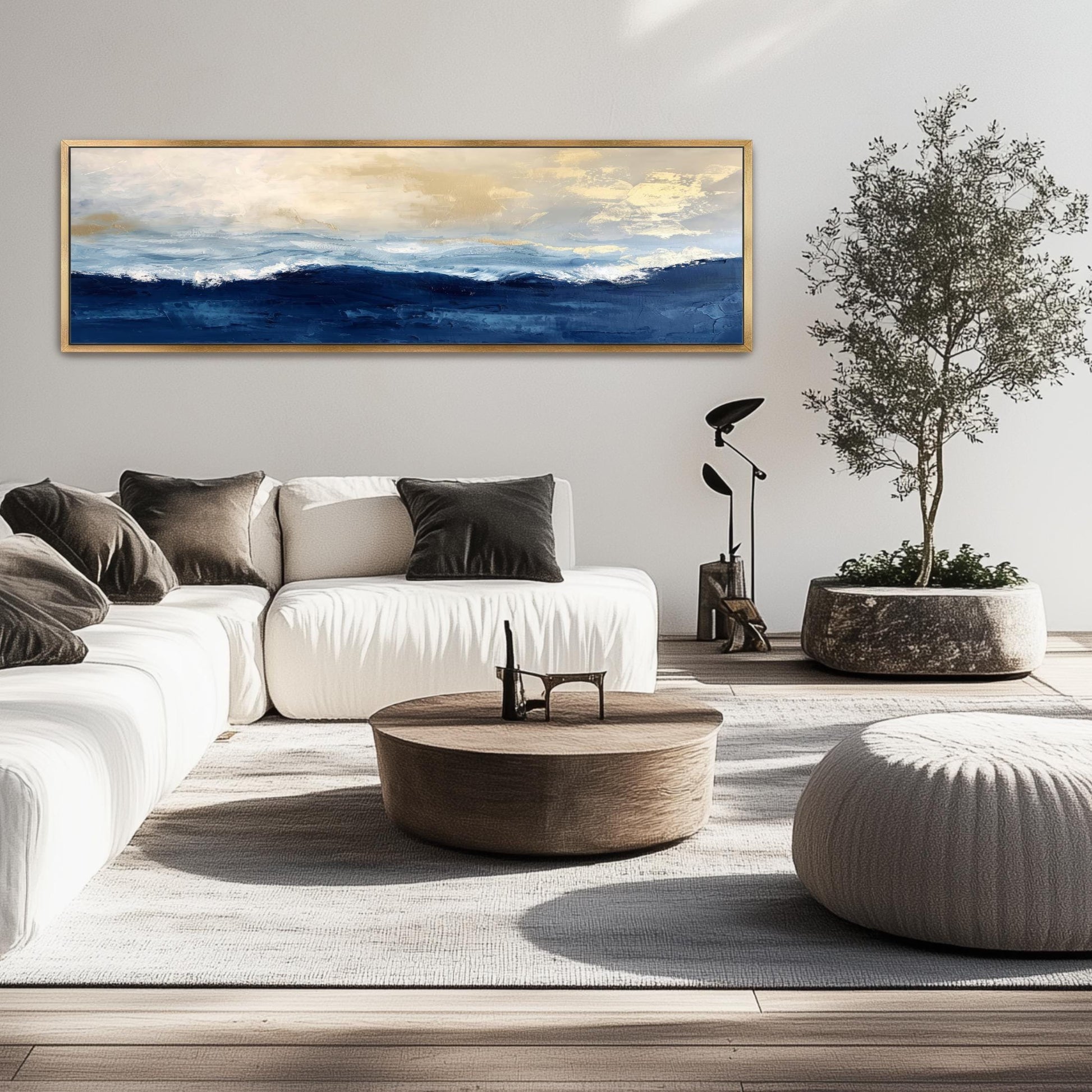 Abstract Gold Navy Blue Ocean Art,  Framed Canvas Artwork, Panoramic, Contrast Peaceful Calming Landscape Seascape Coastal Painting