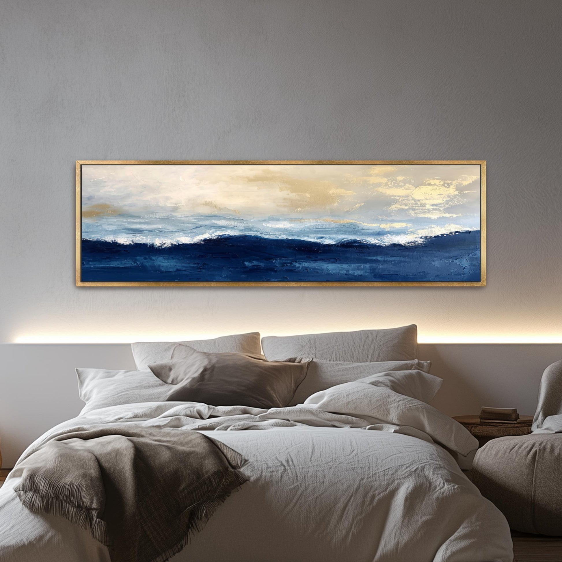 Abstract Gold Navy Blue Ocean Art,  Framed Canvas Artwork, Panoramic, Contrast Peaceful Calming Landscape Seascape Coastal Painting