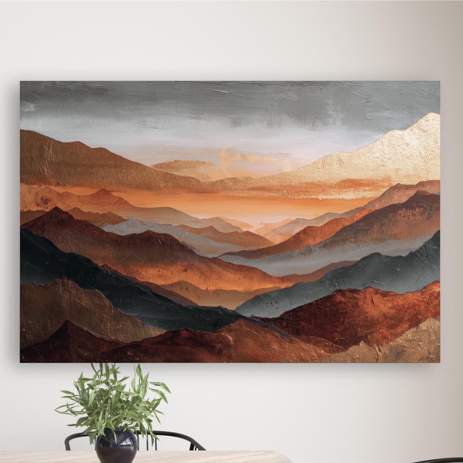 Abstract Mountains Canvas Artwork, Rust Orange, Gold, Steel Gray and Copper, Painting Framed Canvas, Landscape Wall Decor, Large Shipped