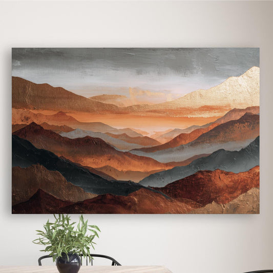 Abstract Mountains Canvas Artwork, Rust Orange, Gold, Steel Gray and Copper, Painting Framed Canvas, Landscape Wall Decor, Large Shipped