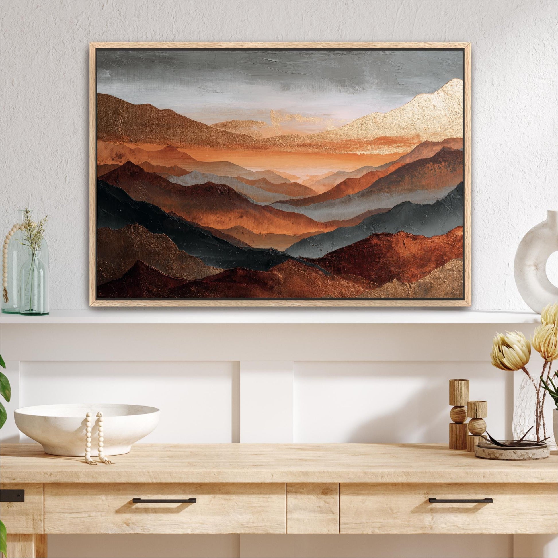 Abstract Mountains Canvas Artwork, Rust Orange, Gold, Steel Gray and Copper, Painting Framed Canvas, Landscape Wall Decor, Large Shipped