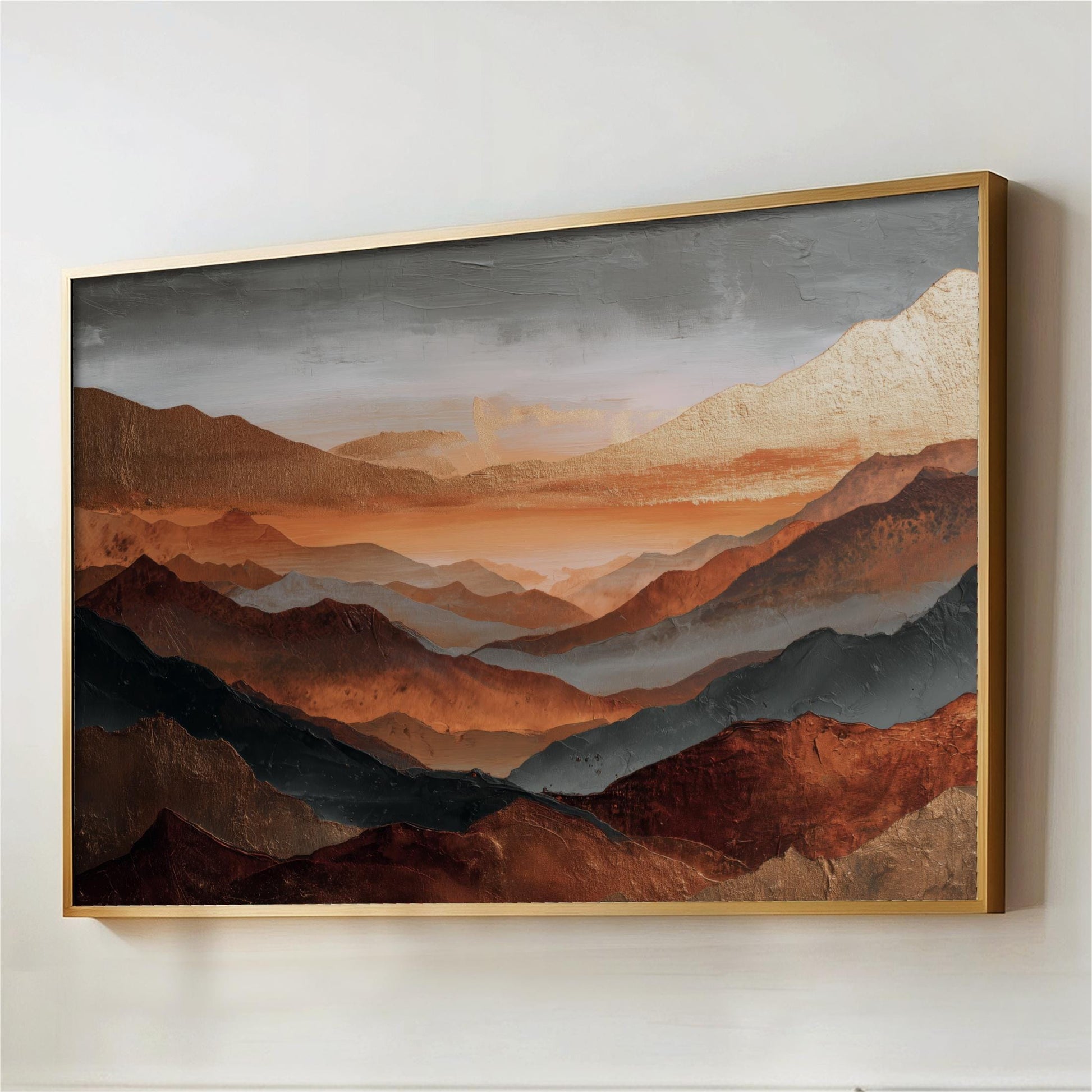 Abstract Mountains Canvas Artwork, Rust Orange, Gold, Steel Gray and Copper, Painting Framed Canvas, Landscape Wall Decor, Large Shipped