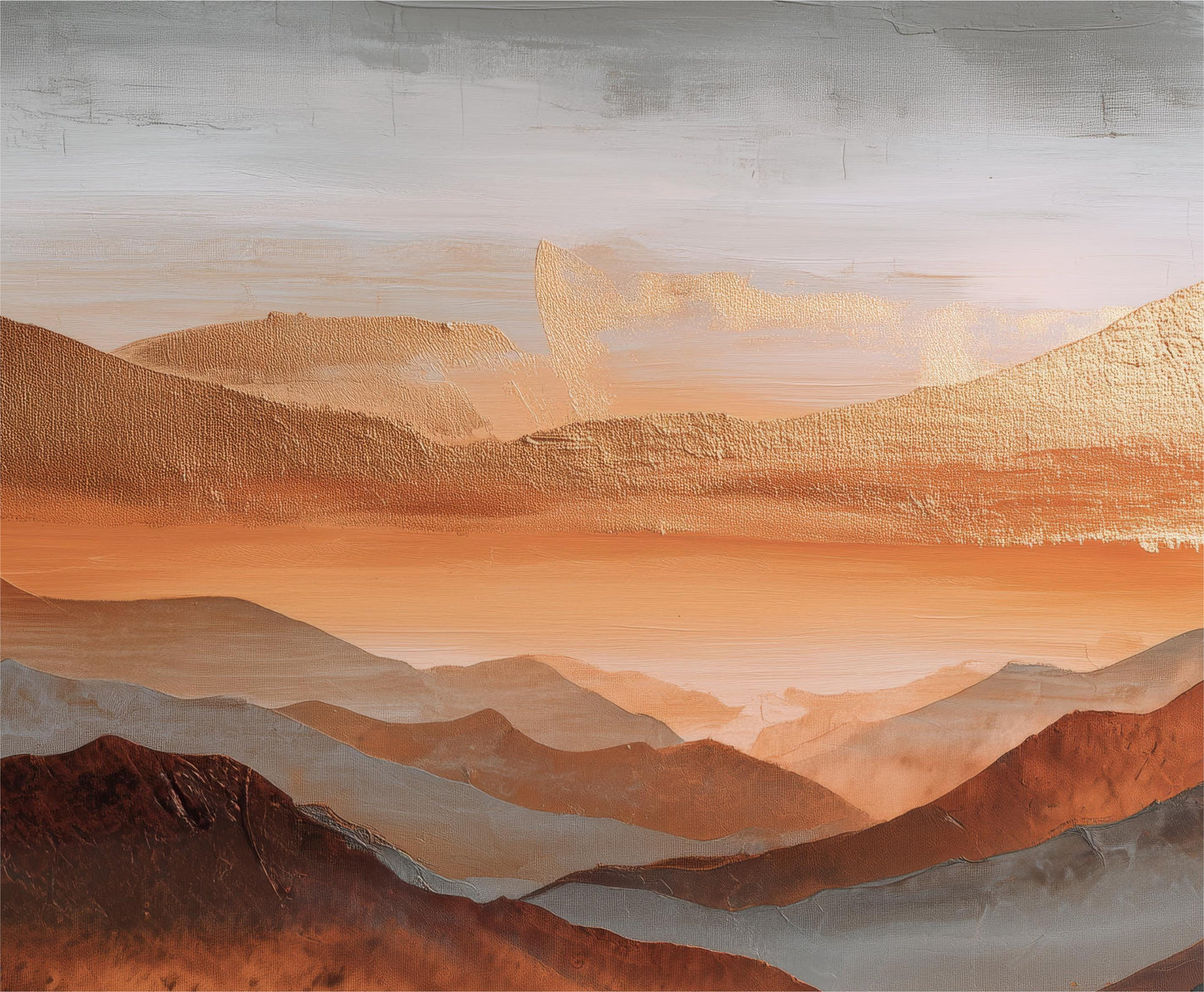 Abstract Mountains Canvas Artwork, Rust Orange, Gold, Steel Gray and Copper, Painting Framed Canvas, Landscape Wall Decor, Large Shipped