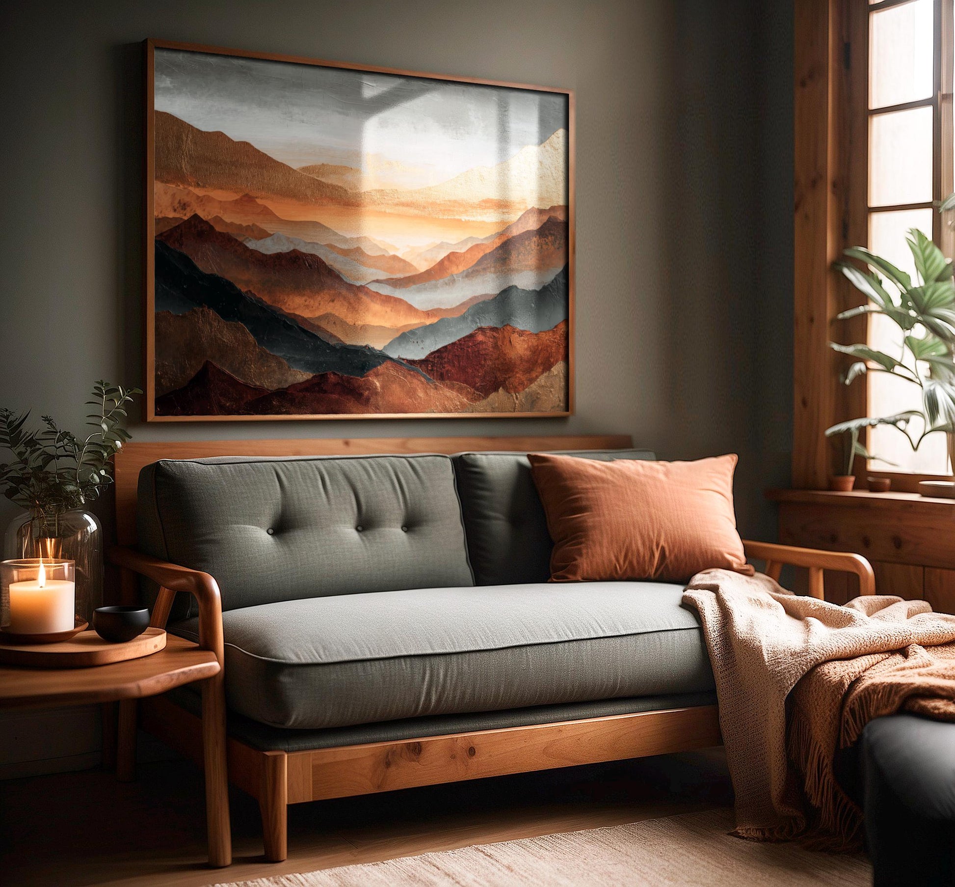 Abstract Mountains Canvas Artwork, Rust Orange, Gold, Steel Gray and Copper, Painting Framed Canvas, Landscape Wall Decor, Large Shipped