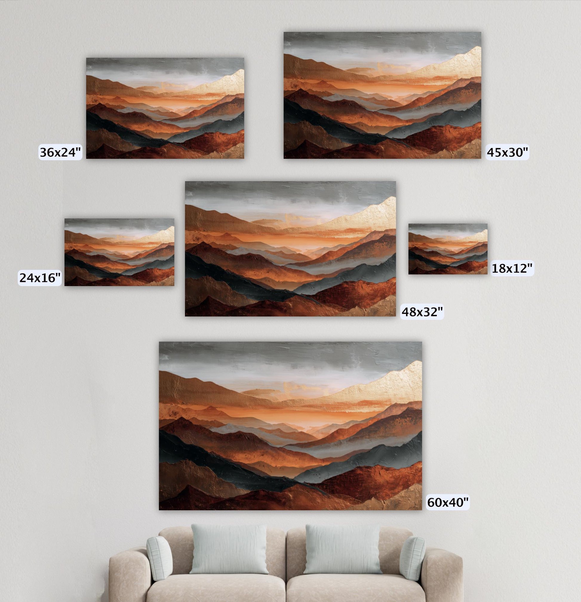 Abstract Mountains Canvas Artwork, Rust Orange, Gold, Steel Gray and Copper, Painting Framed Canvas, Landscape Wall Decor, Large Shipped