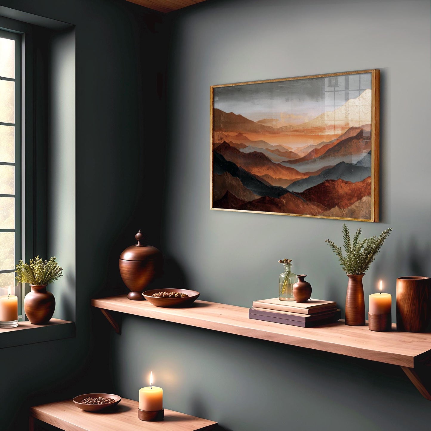 Abstract Mountains Canvas Artwork, Rust Orange, Gold, Steel Gray and Copper, Painting Framed Canvas, Landscape Wall Decor, Large Shipped