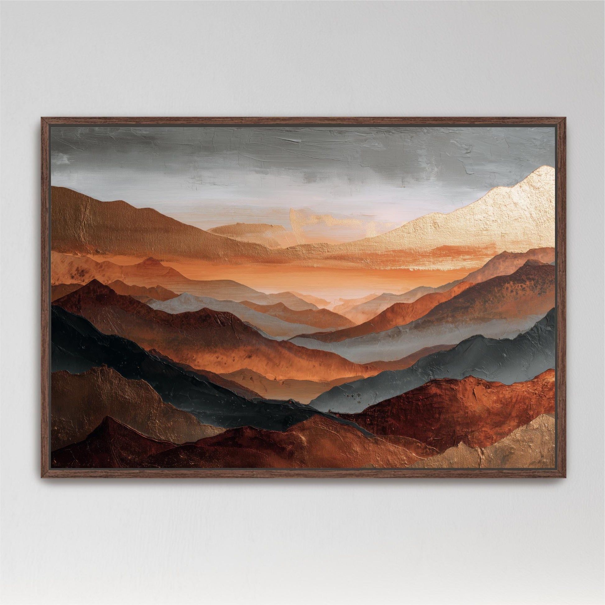 Abstract Mountains Canvas Artwork, Rust Orange, Gold, Steel Gray and Copper, Painting Framed Canvas, Landscape Wall Decor, Large Shipped