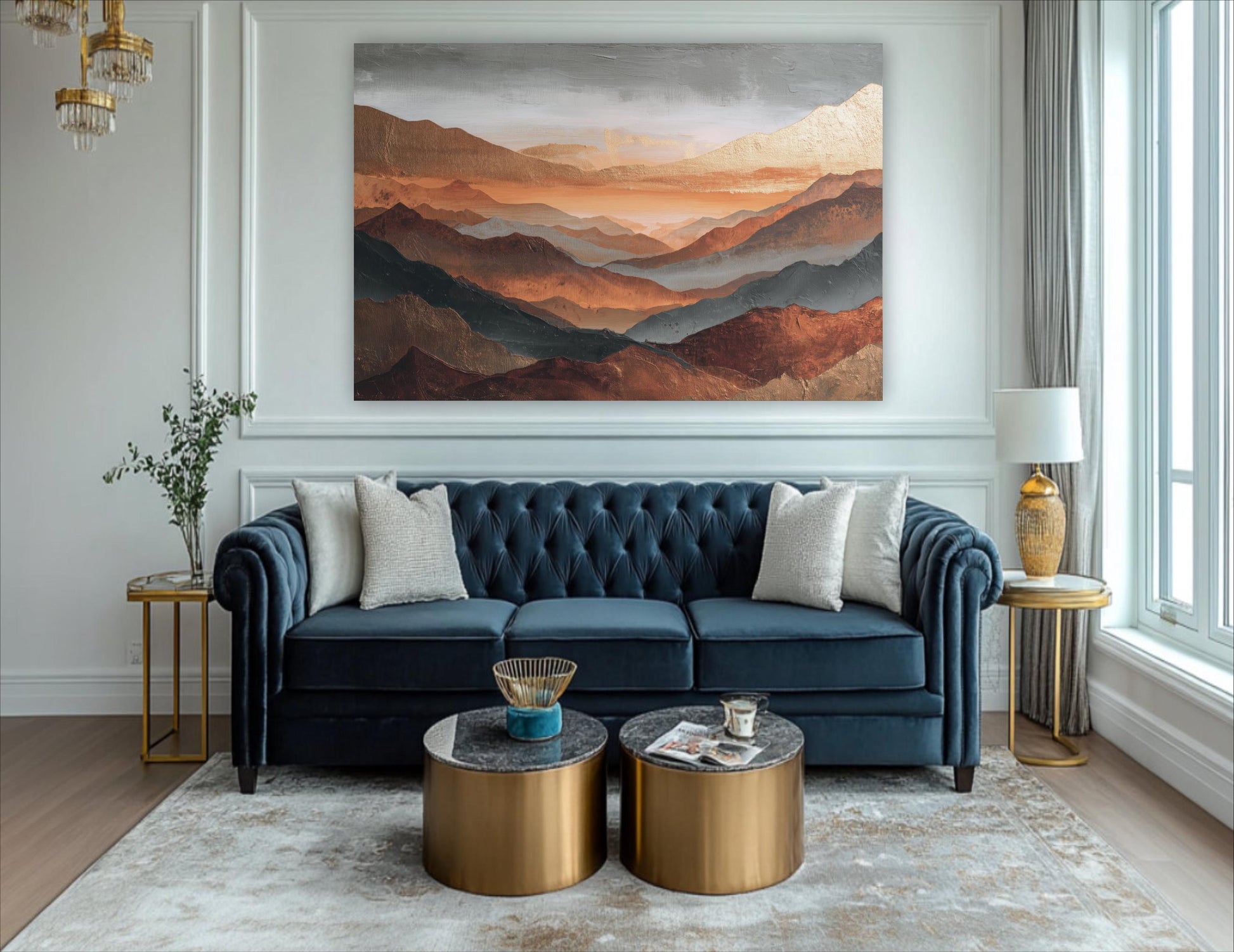 Abstract Mountains Canvas Artwork, Rust Orange, Gold, Steel Gray and Copper, Painting Framed Canvas, Landscape Wall Decor, Large Shipped