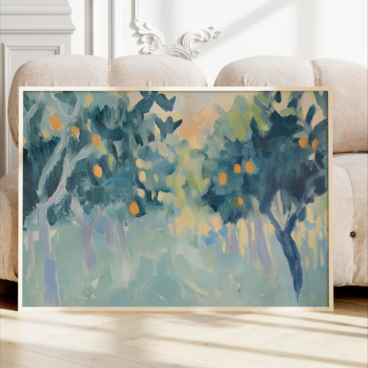 Abstract Orange Grove Art, Canvas Print, Framed Artwork, Green Blue Orange, Modern Minimalist Pop of Color, Henri Matisse Inspired