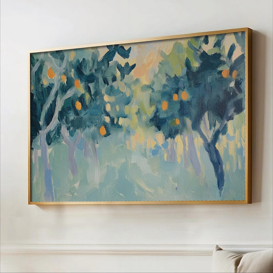 Abstract Orange Grove Art, Canvas Print, Framed Artwork, Green Blue Orange, Modern Minimalist Pop of Color, Henri Matisse Inspired