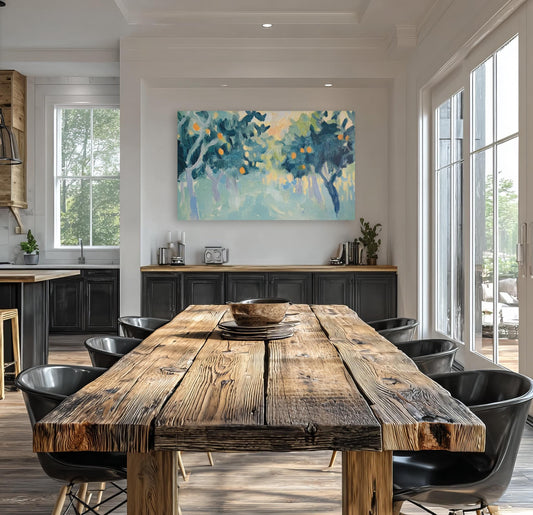 Abstract Orange Grove Art, Canvas Print, Framed Artwork, Green Blue Orange, Modern Minimalist Pop of Color, Henri Matisse Inspired