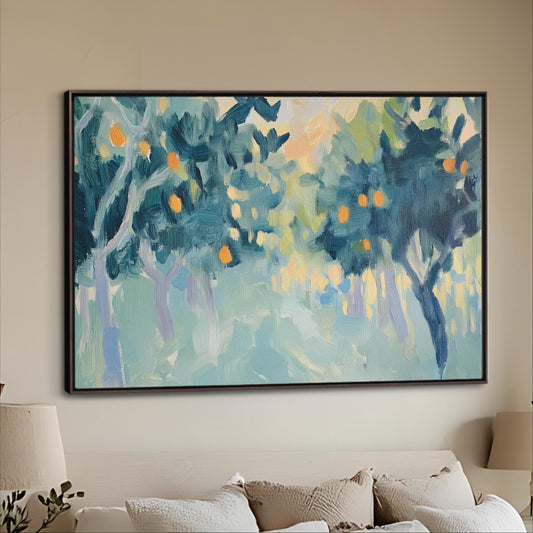 Abstract Orange Grove Art, Canvas Print, Framed Artwork, Green Blue Orange, Modern Minimalist Pop of Color, Henri Matisse Inspired