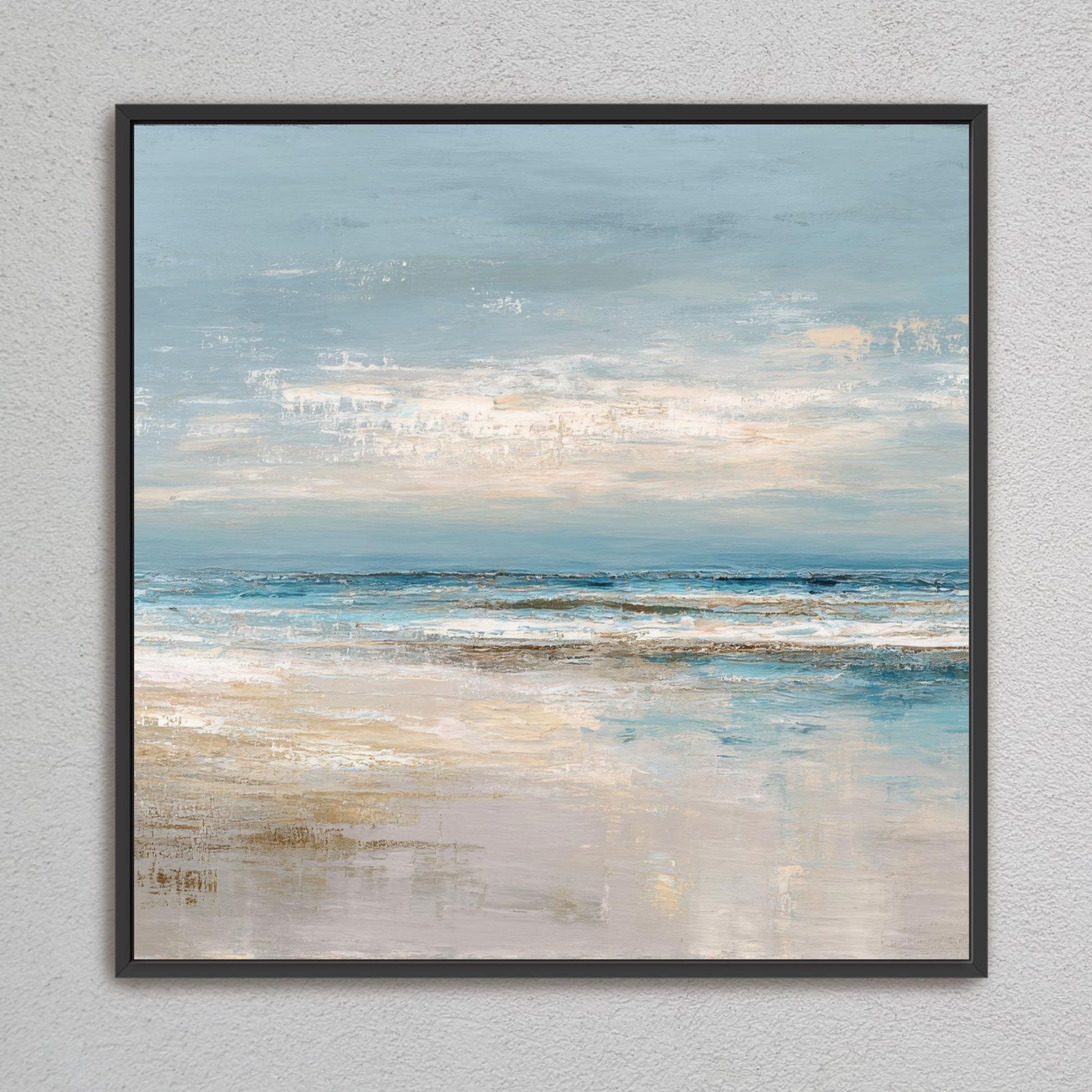 Abstract Square Art, Ocean Beach House Decor, Seascape, Neutral Blue Beige, Framed Canvas Print, Shipped Ready to Hang Large Artwork