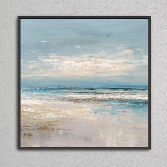 Abstract Square Art, Ocean Beach House Decor, Seascape, Neutral Blue Beige, Framed Canvas Print, Shipped Ready to Hang Large Artwork