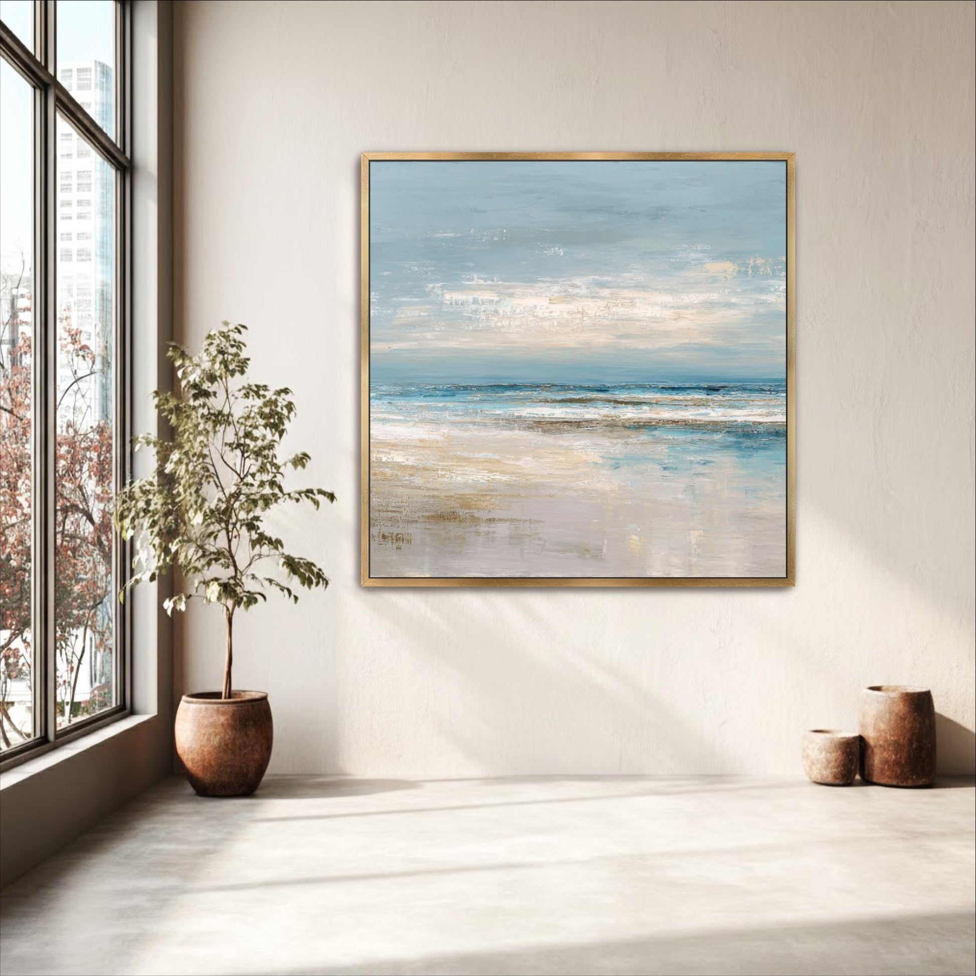 Abstract Square Art, Ocean Beach House Decor, Seascape, Neutral Blue Beige, Framed Canvas Print, Shipped Ready to Hang Large Artwork