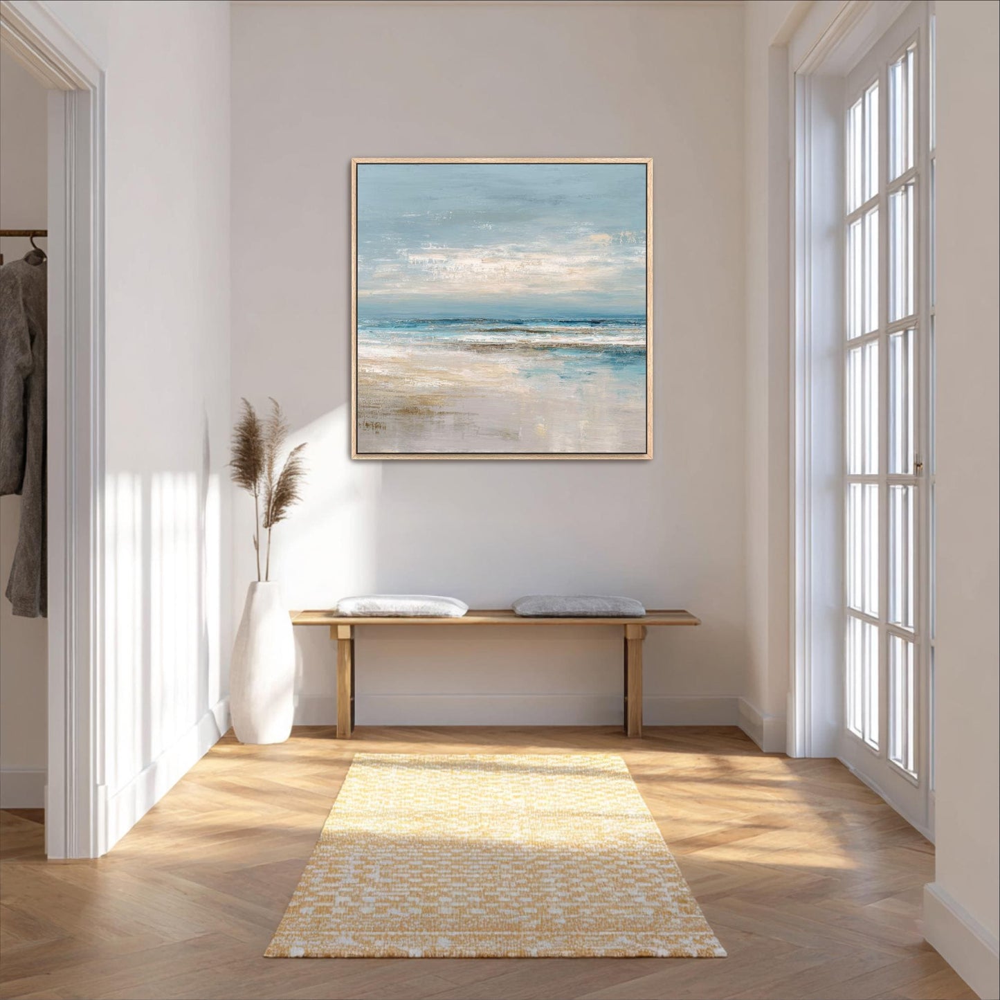 Abstract Square Art, Ocean Beach House Decor, Seascape, Neutral Blue Beige, Framed Canvas Print, Shipped Ready to Hang Large Artwork