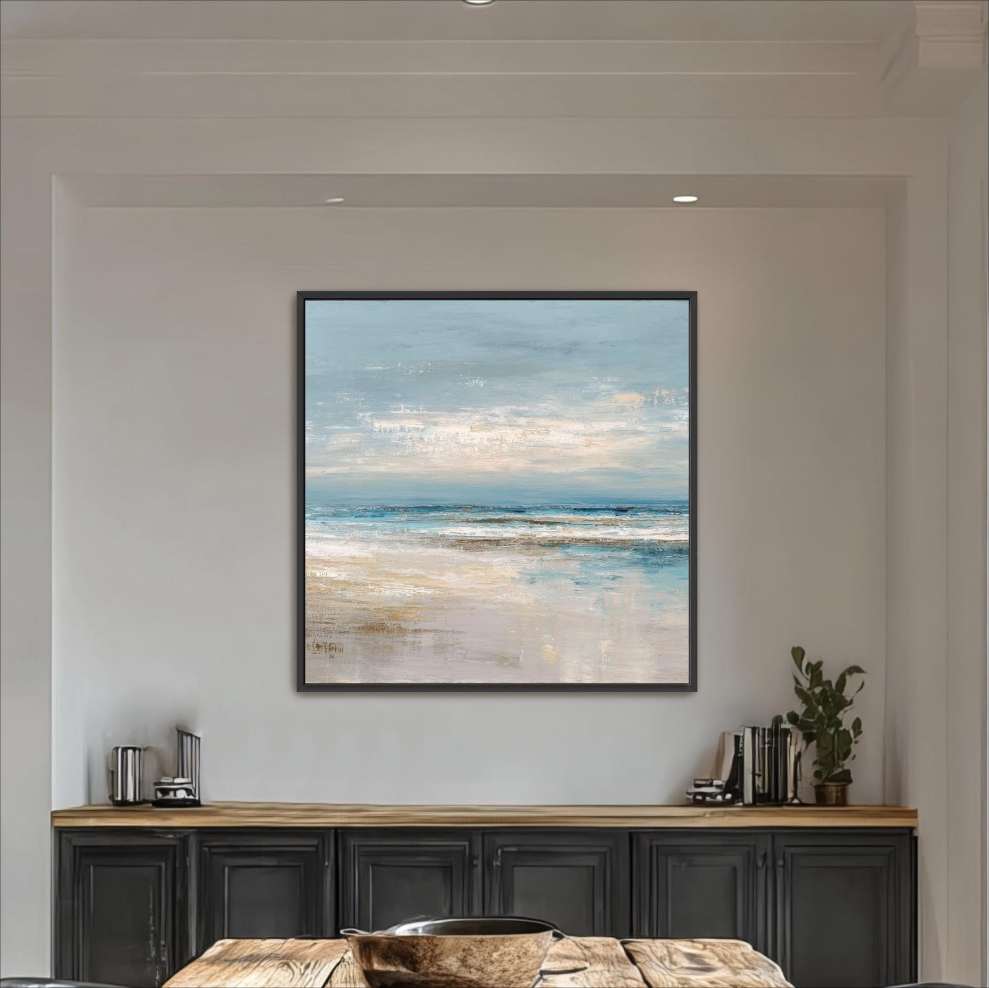 Abstract Square Art, Ocean Beach House Decor, Seascape, Neutral Blue Beige, Framed Canvas Print, Shipped Ready to Hang Large Artwork