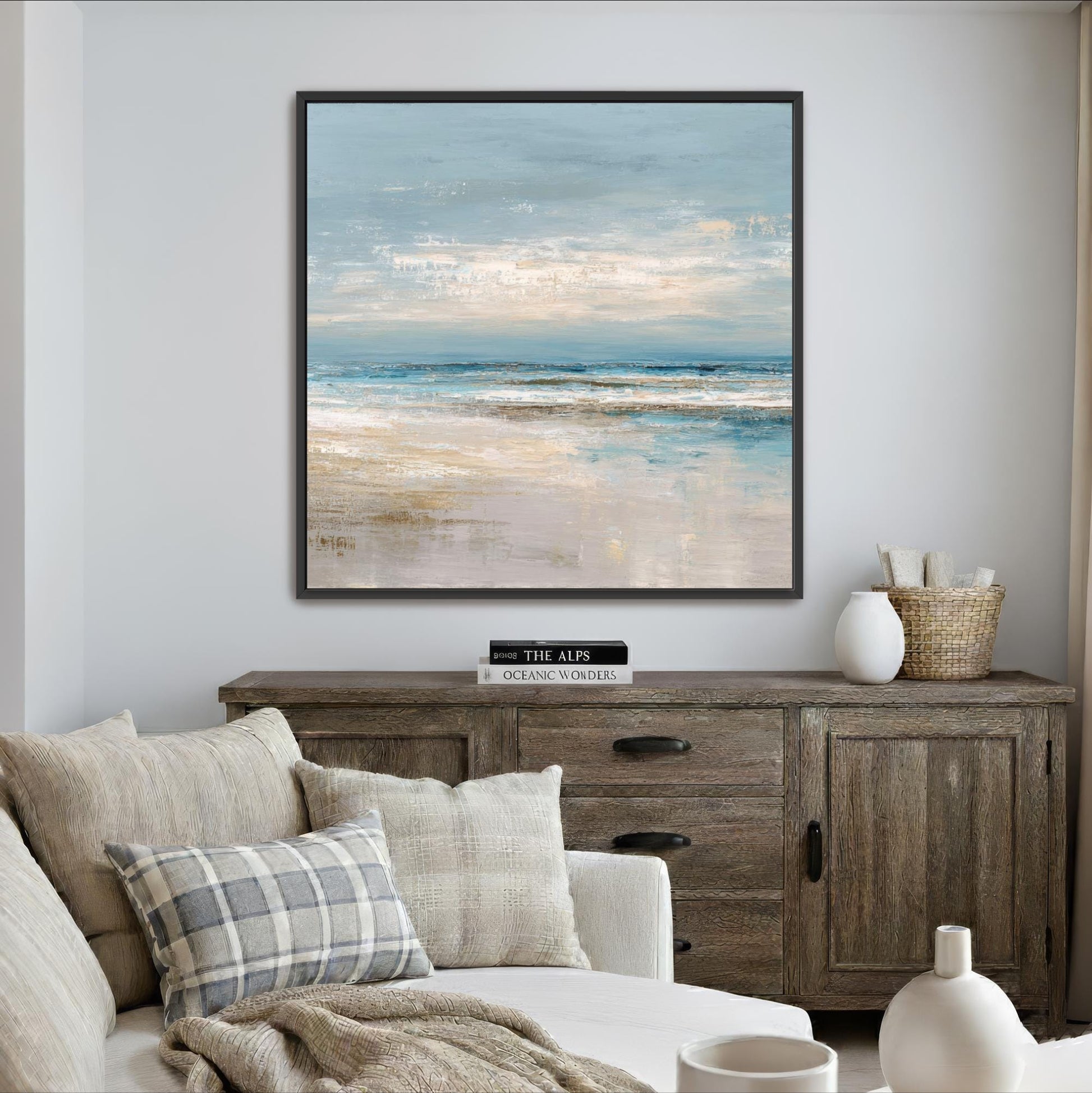 Abstract Square Art, Ocean Beach House Decor, Seascape, Neutral Blue Beige, Framed Canvas Print, Shipped Ready to Hang Large Artwork