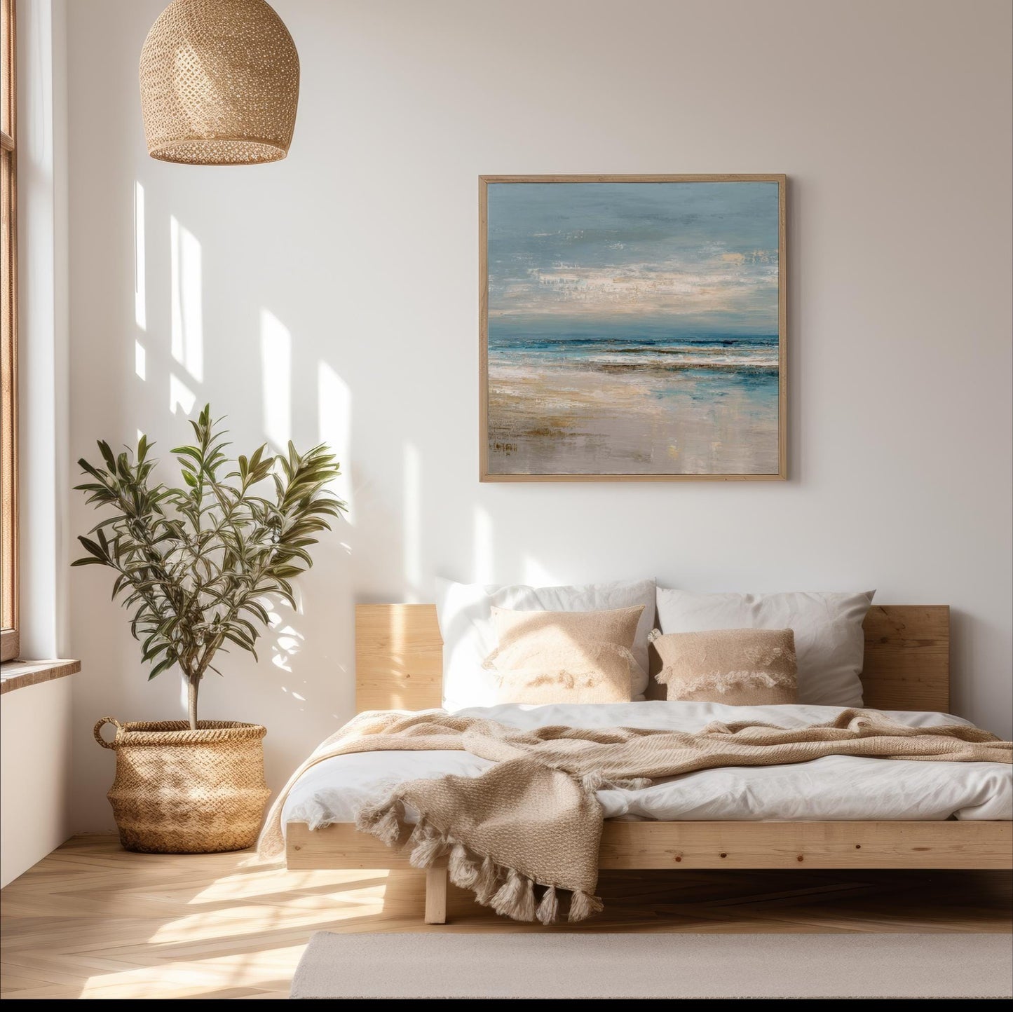 Abstract Square Art, Ocean Beach House Decor, Seascape, Neutral Blue Beige, Framed Canvas Print, Shipped Ready to Hang Large Artwork