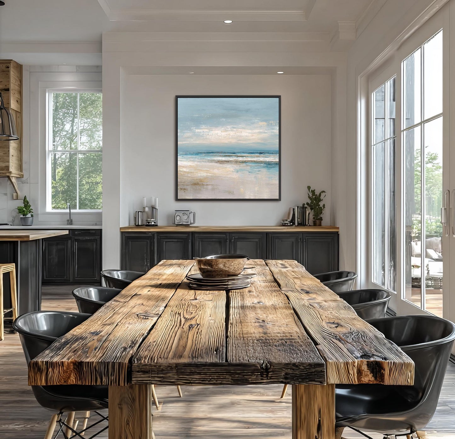 Abstract Square Art, Ocean Beach House Decor, Seascape, Neutral Blue Beige, Framed Canvas Print, Shipped Ready to Hang Large Artwork