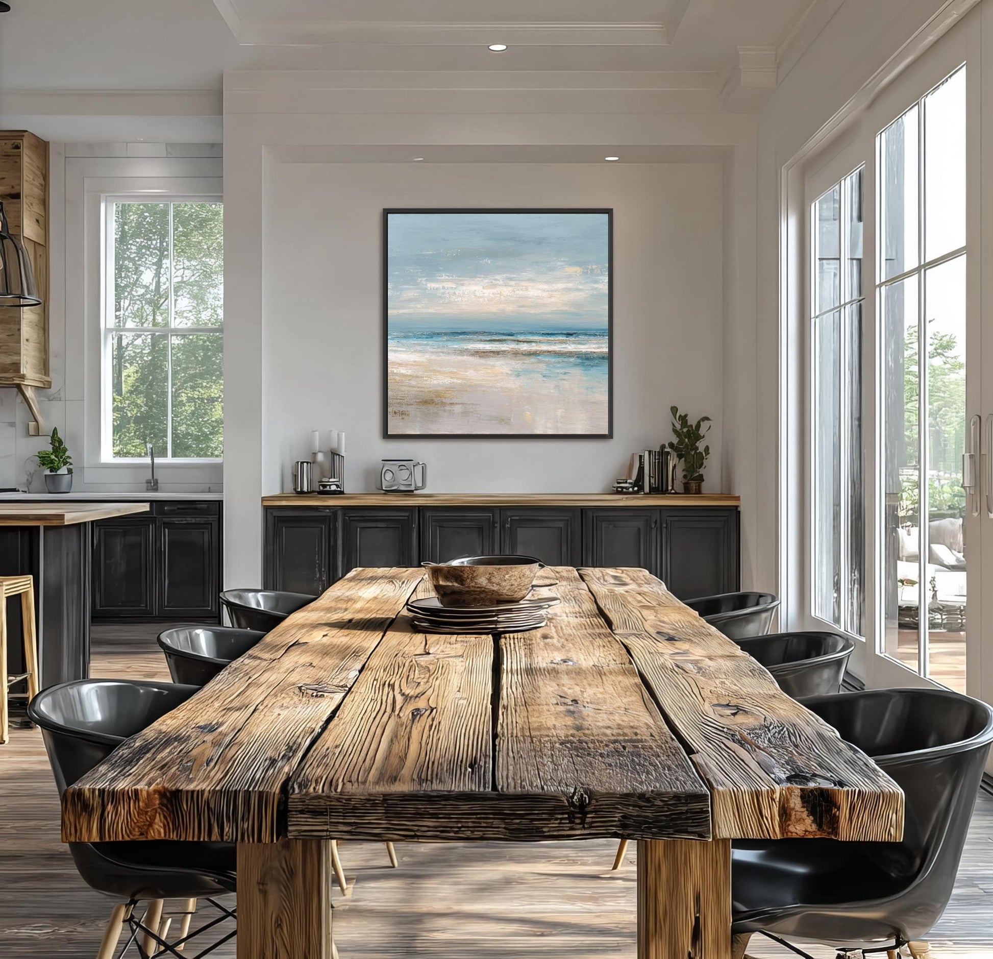 Abstract Square Art, Ocean Beach House Decor, Seascape, Neutral Blue Beige, Framed Canvas Print, Shipped Ready to Hang Large Artwork