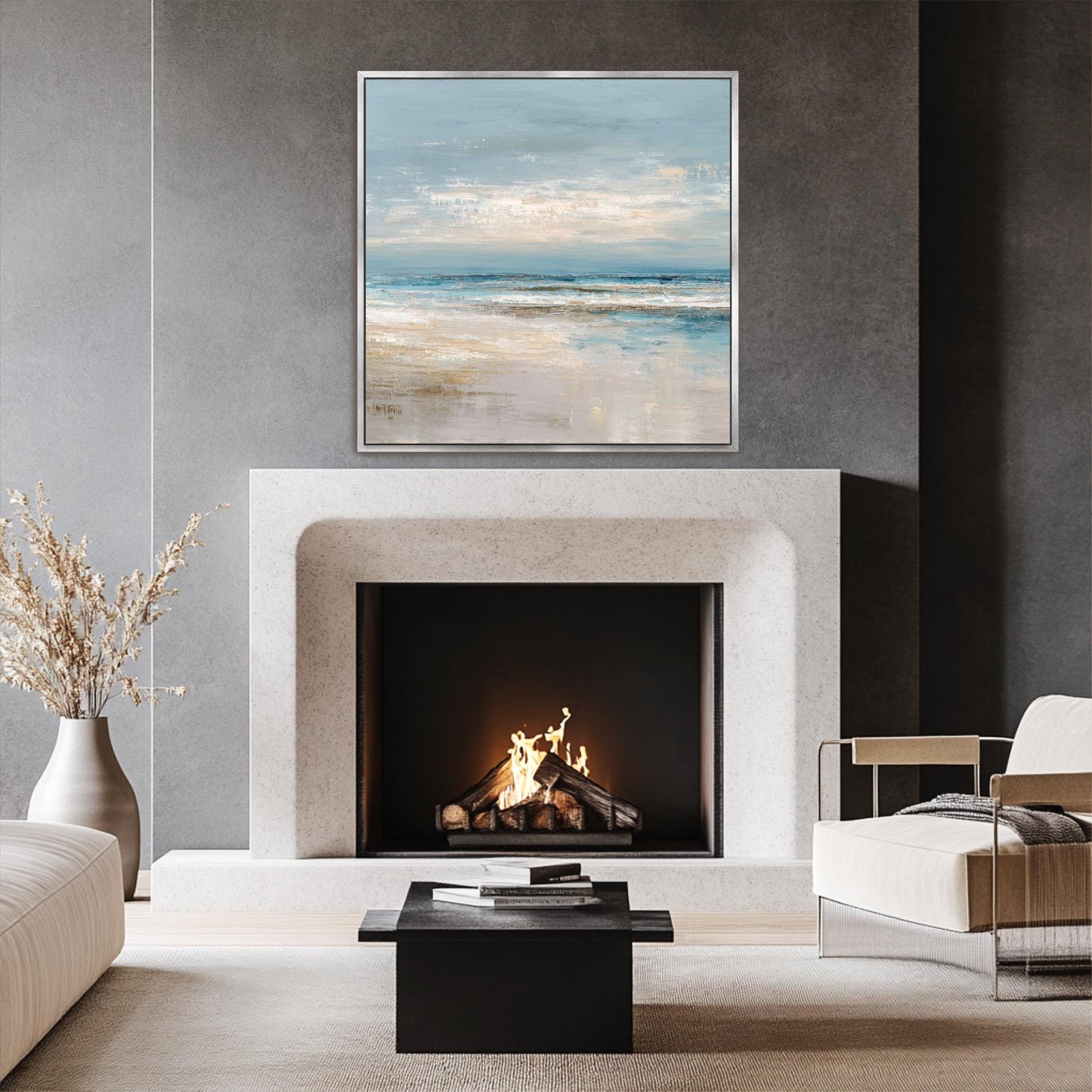 Abstract Square Art, Ocean Beach House Decor, Seascape, Neutral Blue Beige, Framed Canvas Print, Shipped Ready to Hang Large Artwork